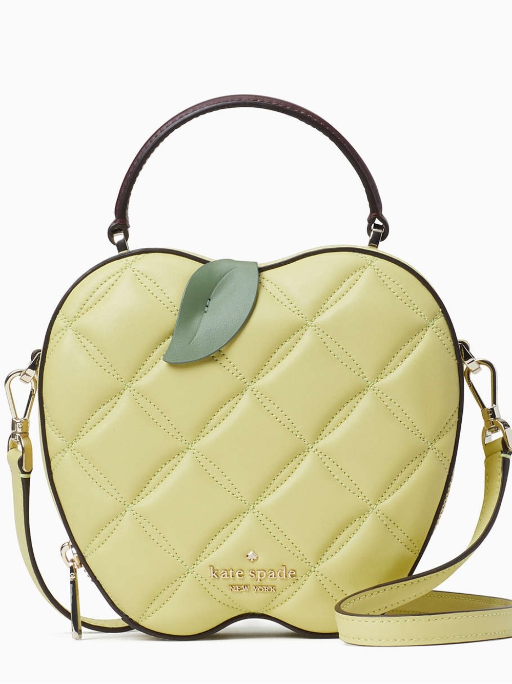 kate spade yellow quilted apple crossbody with green leaf